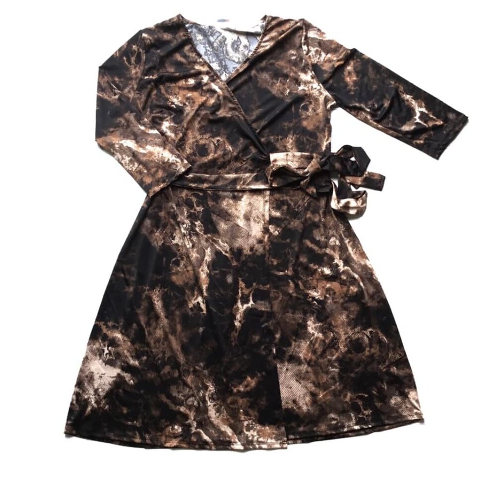 NEW LuLaRoe 2XL Michelle Wrap Dress Brown Tan Black Tie Dye Splatter 3/4 Sleeve
